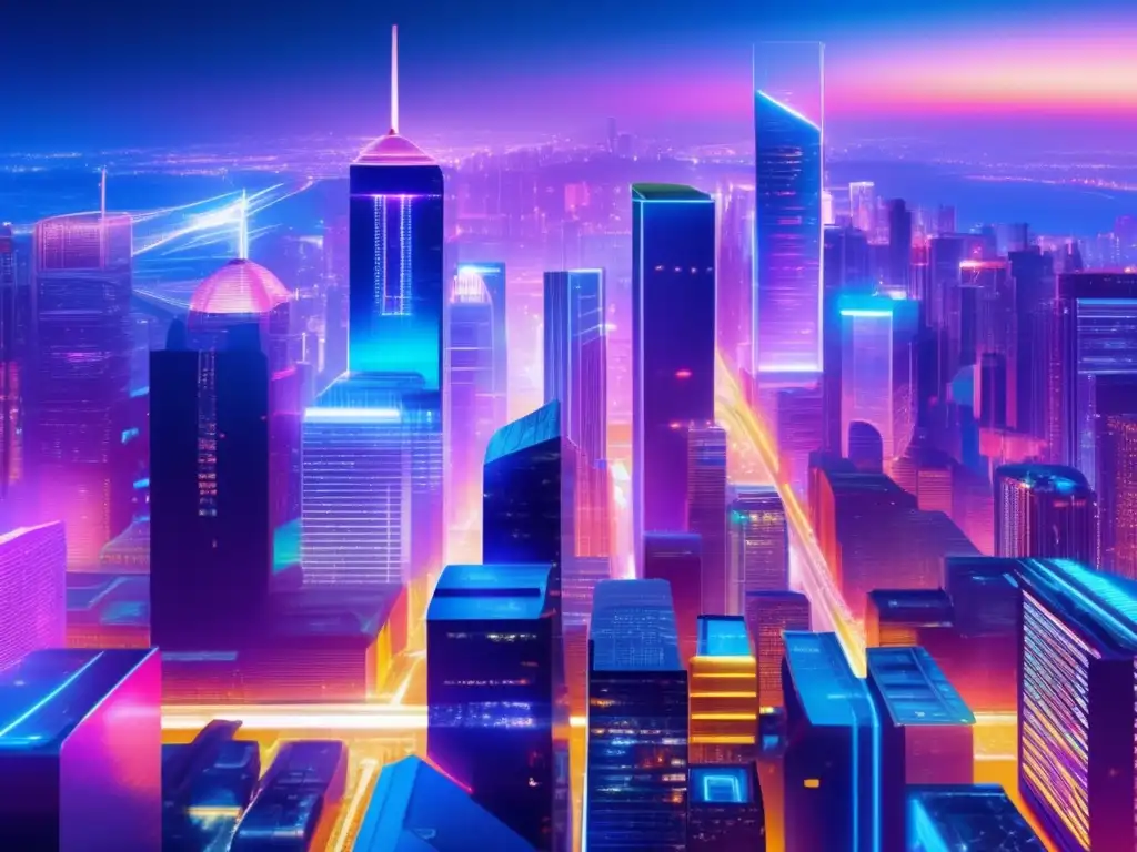 Ciudad futurista iluminada con luces de neón Ultimada plataforma Blockchain invertir: Ciudad futurista con rascacielos nocturnos, luces neón vibrantes y hologramas de blockchain