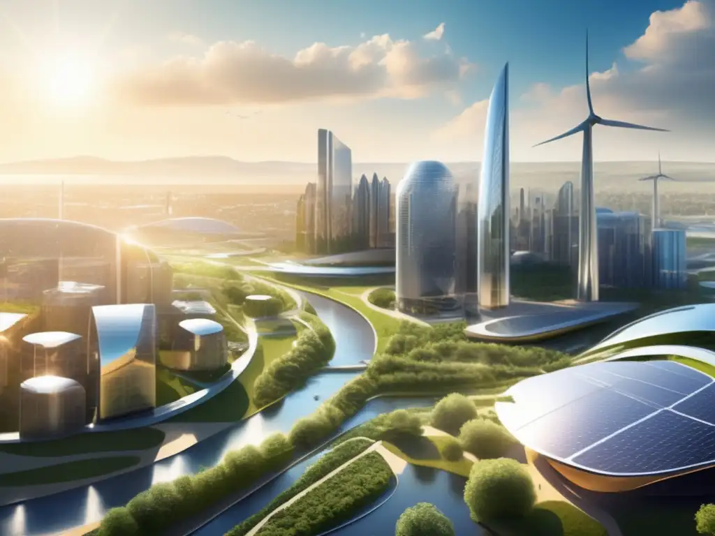 Ciudad futurista integrada con la naturaleza Ultracuidada ciudad futurista, integrada con la naturaleza y energía solar, eólica y vehículos eléctricos