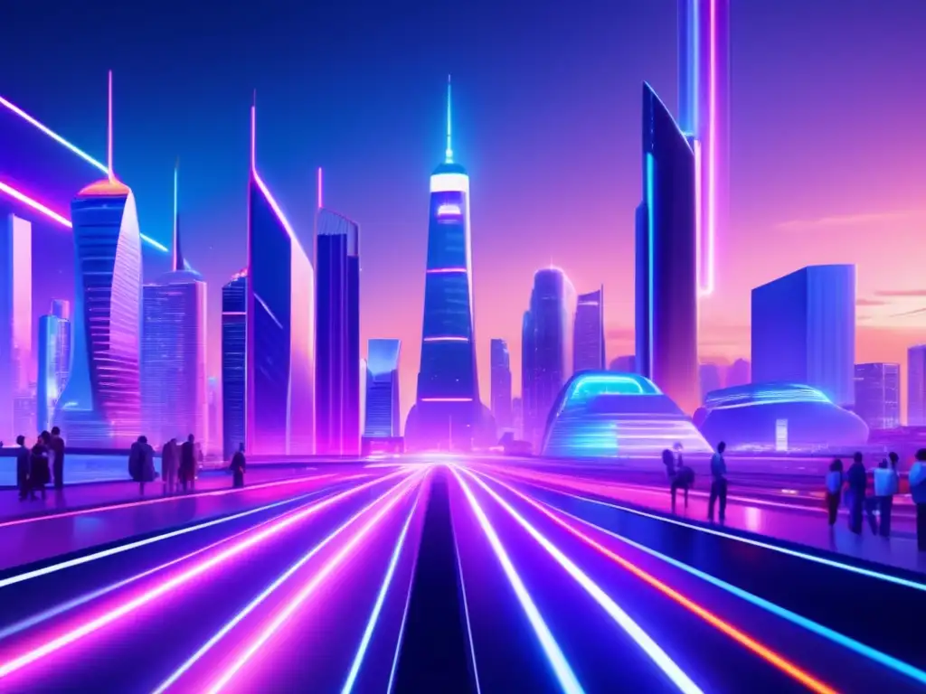 Ciudad futurista con rascacielos iluminados Ultradetallada ciudad futurista nocturna con rascacielos, arquitectura moderna iluminada por luces neón