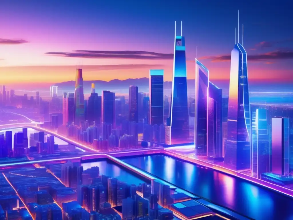 Futurista ciudad con rascacielos iluminados Ultradetallada imagen de ciudad futurista al anochecer