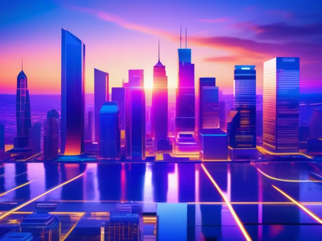 Finanzas futuristas en la ciudad al anochecer Ultradetalle de la ciudad financiera futurista al atardecer con opciones y futuros financieros