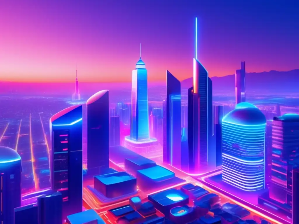 Futuro metropolitano con tecnología avanzada Ultradetalle de ciudad futurista con arquitectura tecnológica y hologramas de Ethereum, EOS y Tron