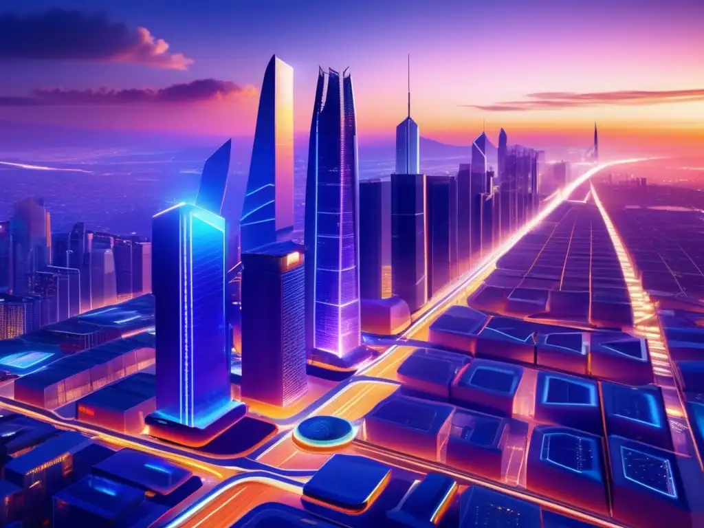 Ciudad futurista al atardecer con tecnología blockchain Ultradetalle de ciudad futurista en 8K, muestra potencial de blockchain en transformación urbana