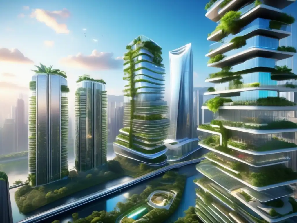 Ciudad futurista sostenible con rascacielos de vidrio reflectante Ultradetalle de ciudad futurista con rascacielos de vidrio reflectante, jardines verticales, paneles solares y puentes ecológicos