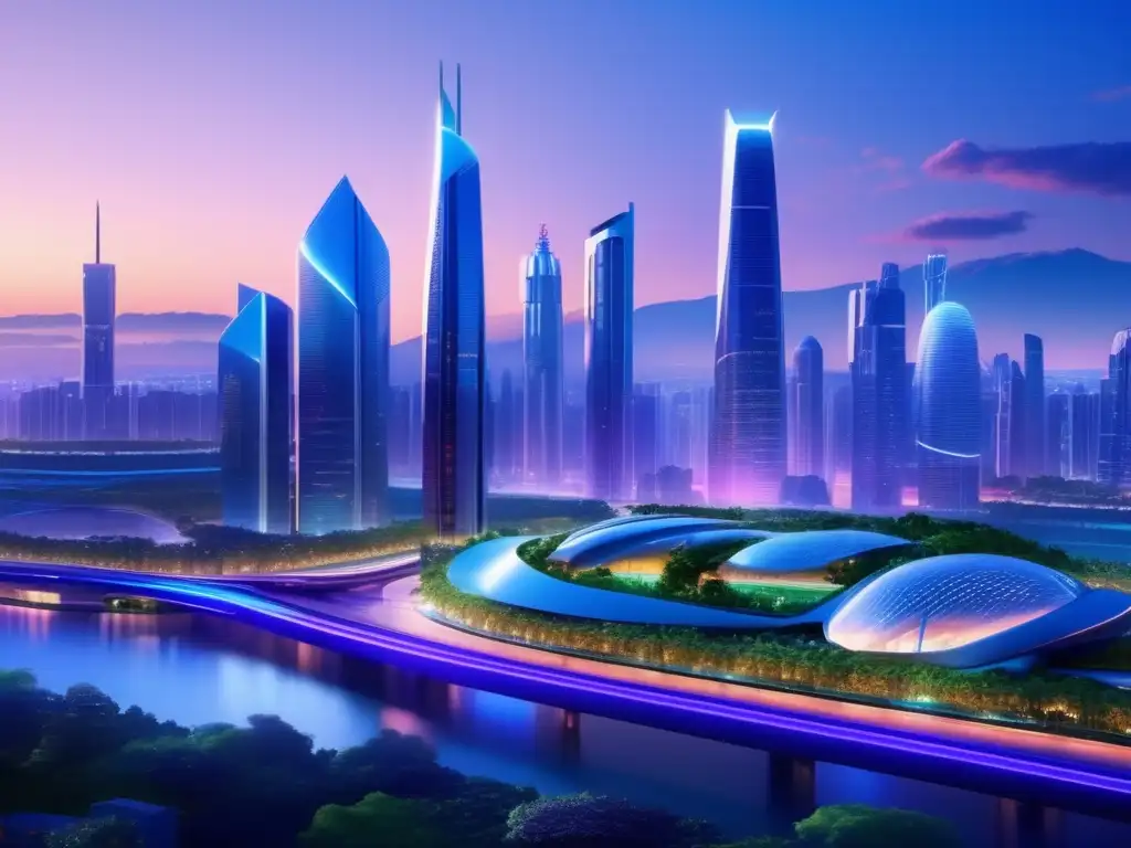 Metrópolis futurista de vanguardia Ultradetalle: Ciudad futurista al anochecer con rascacielos relucientes, tecnología emergente e inversión