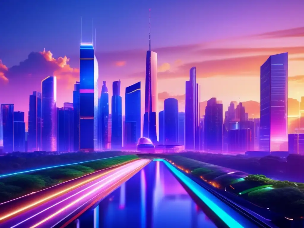 Ciudad futurista con rascacielos y naturaleza Ultradetalle de una ciudad futurista al anochecer