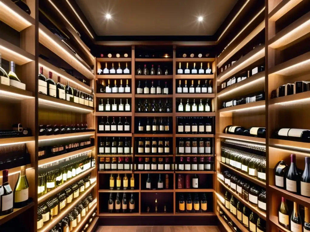Moderna bodega de vinos: elegancia y sofisticación Ultradetalle de una elegante bodega de vinos moderna, con paredes de vidrio y botellas meticulosamente organizadas