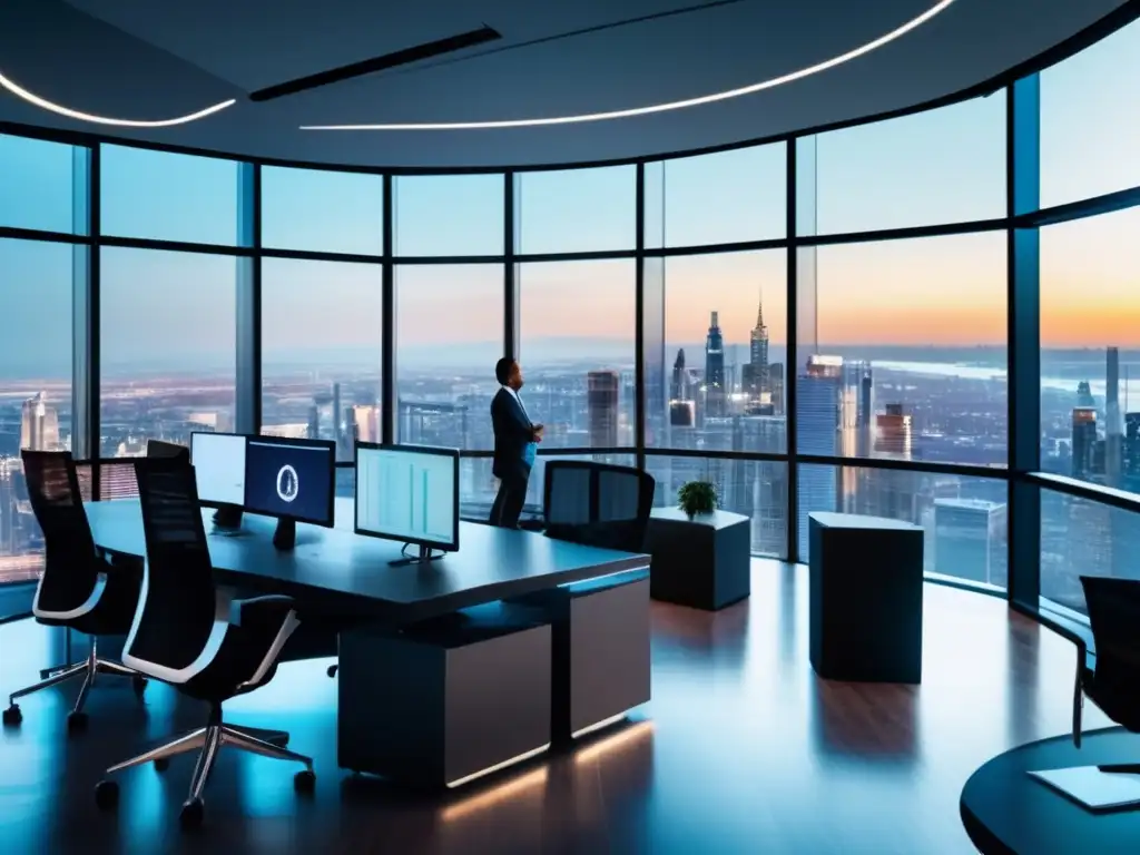 Oficina de alta tecnología y profesionales Ultradetalle oficina moderna con vista a la ciudad