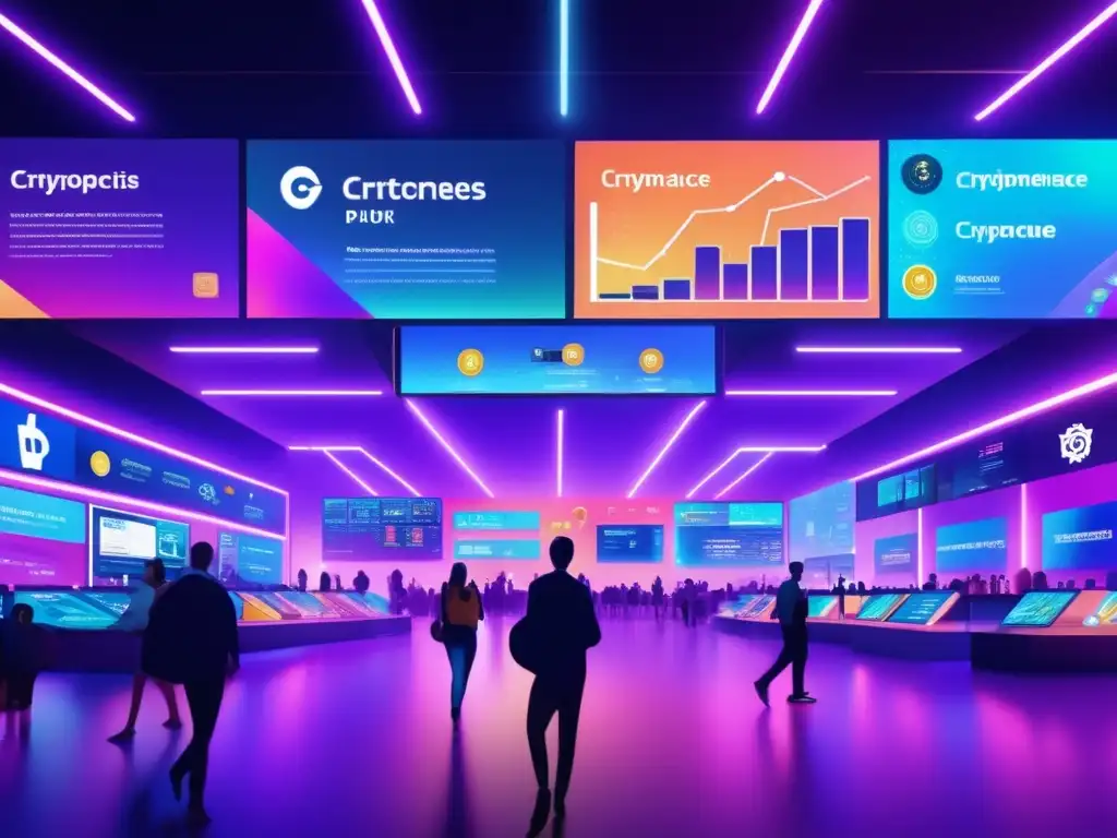 Mercado criptográfico futurista con gráficos y datos en tiempo real Ultradetalle de plataforma cripto con baja comisión y promociones