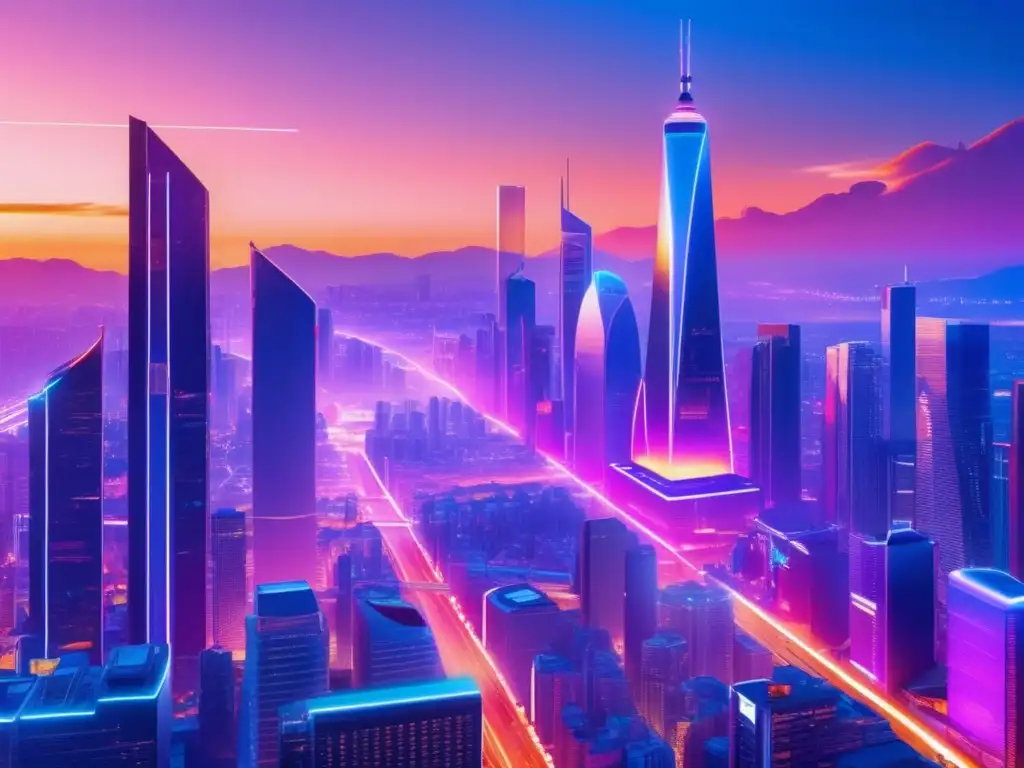 Ciudad futurista con rascacielos y luces de neón Invertir en unicornios tecnológicos: ciudad futurista con rascacielos, luces neón y profesionales discutiendo con gráficos holográficos