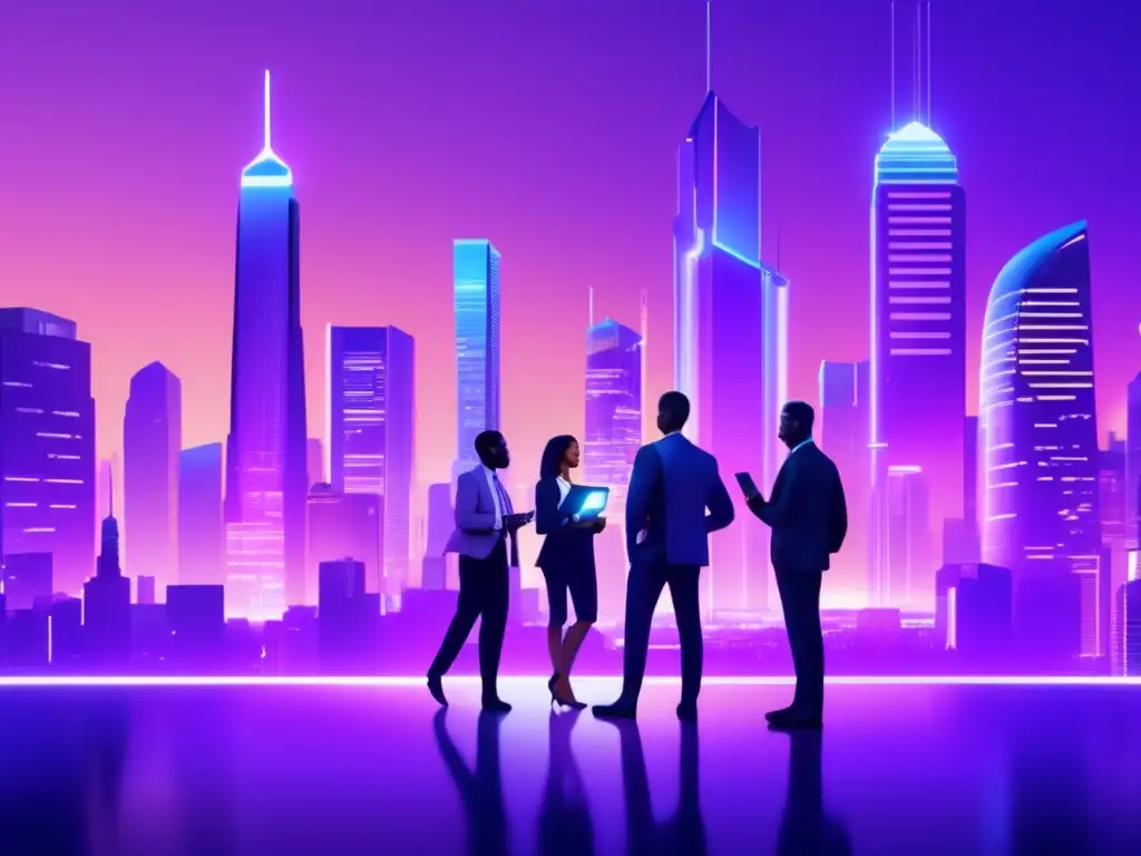 Ciudad futurista con rascacielos y profesionales discutiendo Invertir en unicornios tecnológicos: ciudad futurista con rascacielos iluminados y profesionales analizando gráficos holográficos