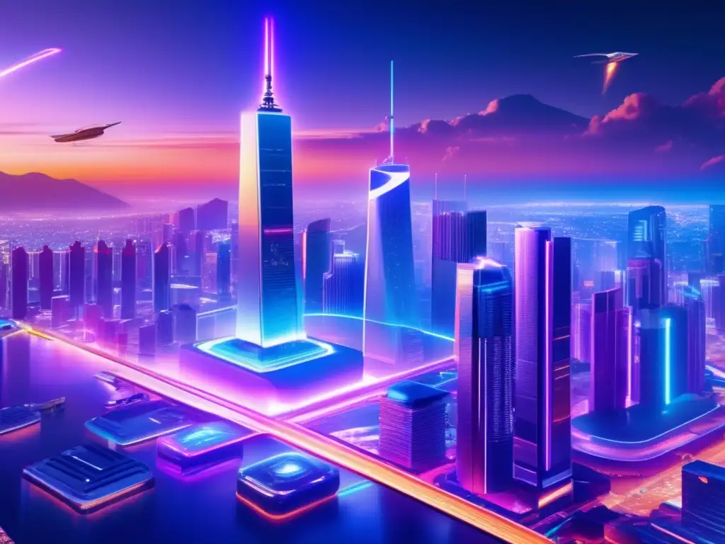 Futurista ciudad nocturna con rascacielos iluminados por luces neón Invertir en unicornios tecnológicos: Ciudad futurista nocturna de rascacielos con luces de neón vibrantes, tecnología avanzada y vehículos voladores