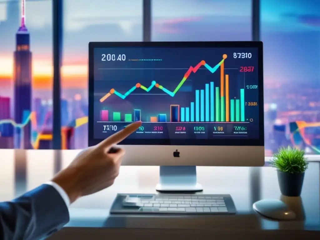 Gráfico de mercado de valores con indicadores y manos con lupa Ventaja indicadores líderes rezagados Bolsa en gráfica de mercado
