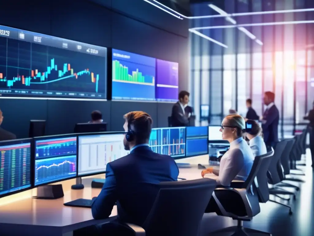 Traders analizan gráficos en moderno piso de trading Ventaja indicadores líderes rezagados Bolsa: Moderna sala de operaciones bursátiles con traders analizando gráficos y pantallas