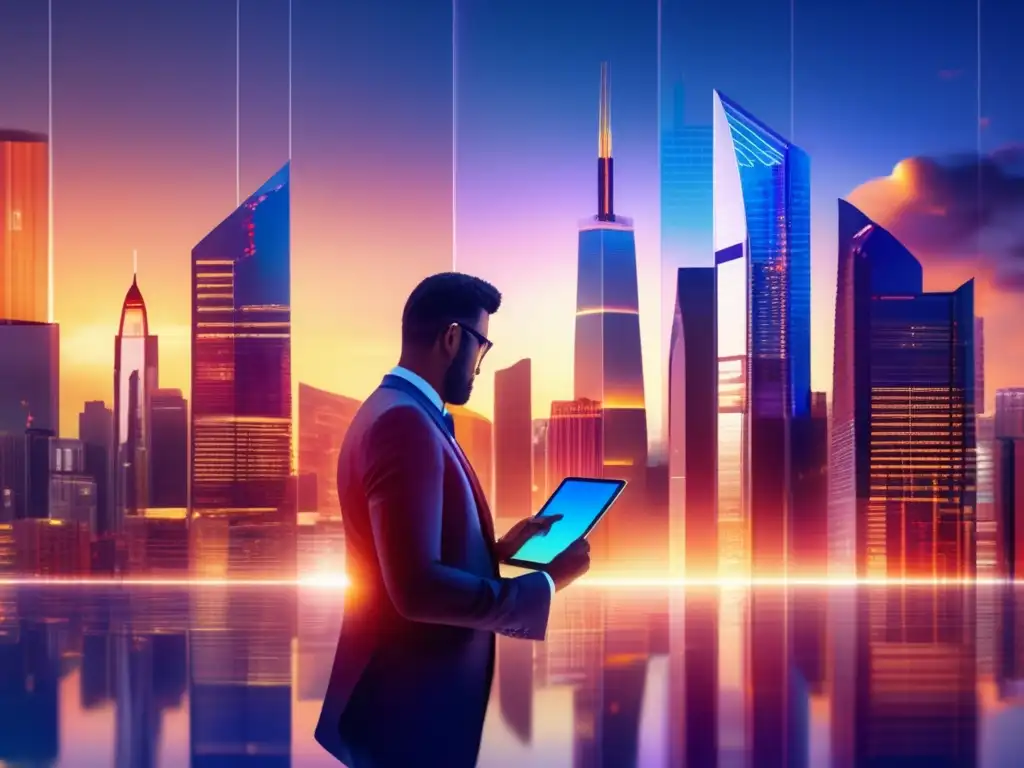 Ciudad financiera moderna al atardecer Ventajas de diversificación en acciones y bonos en una vibrante ciudad financiera al atardecer