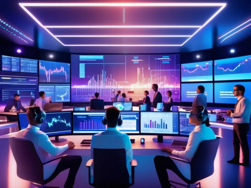 Traders en sala de trading futurista Ventajas de la alta frecuencia de trading con IA en un moderno y futurista piso de operaciones con traders utilizando tecnología avanzada