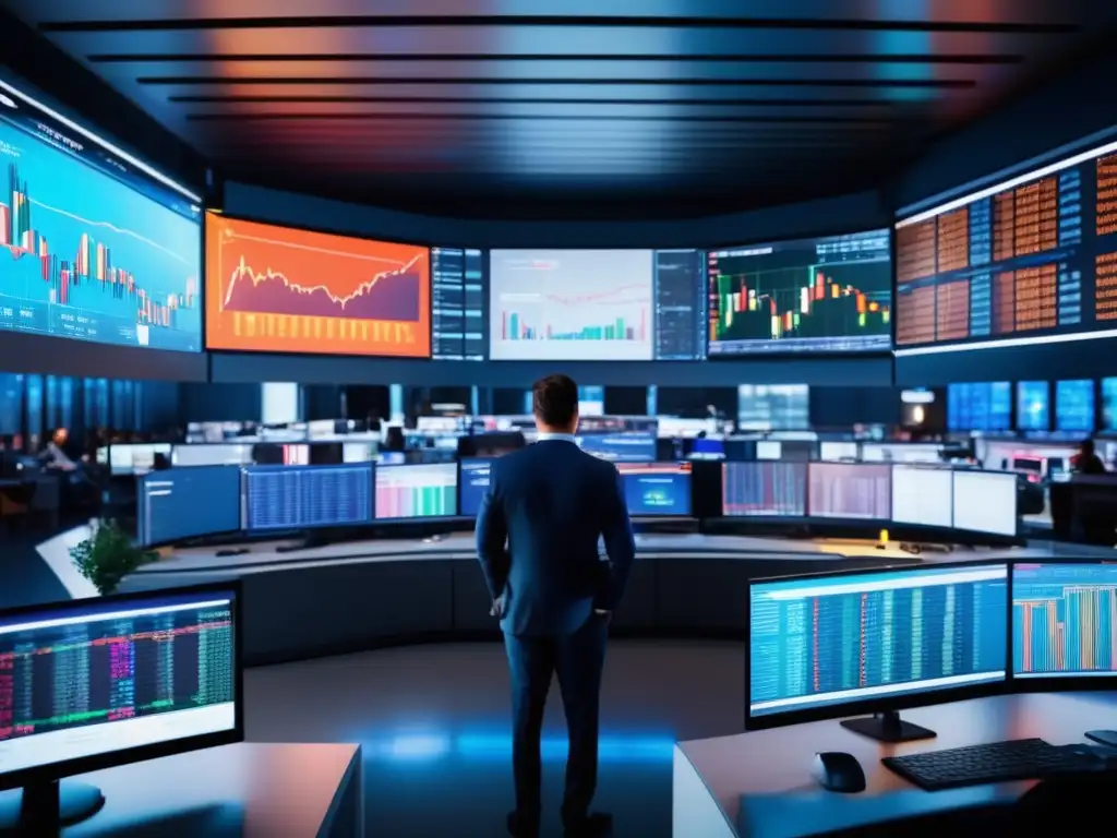 Trading floor de alta frecuencia con tecnología avanzada Ventajas alta frecuencia trading con IA: Moderna sala de trading, gráficos y datos en tiempo real, tecnología avanzada, decisiones rápidas