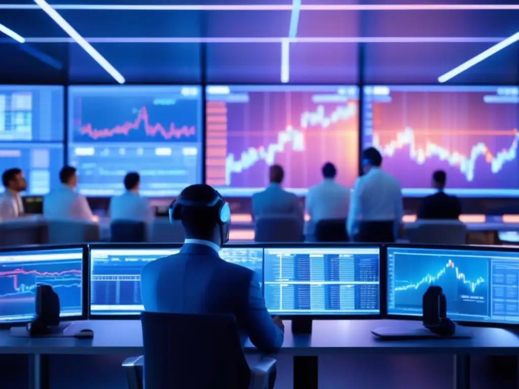 Traders analizando datos y gráficos en piso de trading futurista Ventajas de la alta frecuencia de trading con IA en un futurista piso de operaciones con monitores y traders analizando datos en tiempo real-