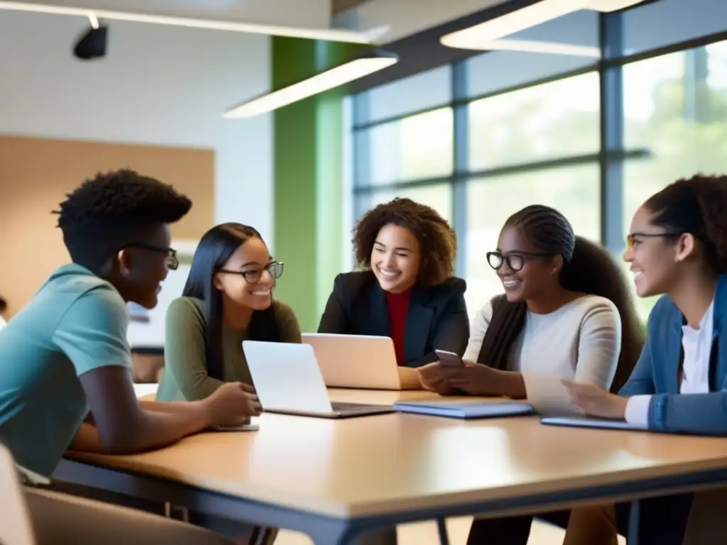 Estudiantes colaborando en aula moderna Ventajas de invertir en educación: estudiantes diversos colaborando en un aula moderna, innovadora y vibrante