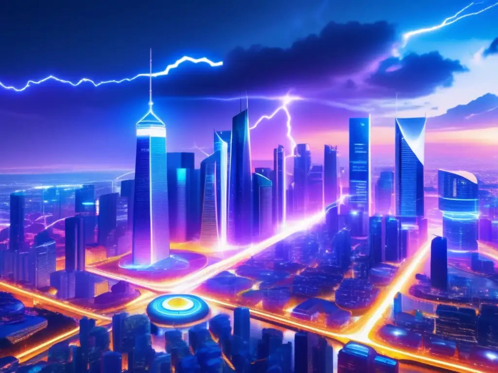 Futurista ciudad con rascacielos y red relámpago Ventajas de la Lightning Network en Bitcoin: Ciudad futurista con rascacielos, luces brillantes y red de rayos