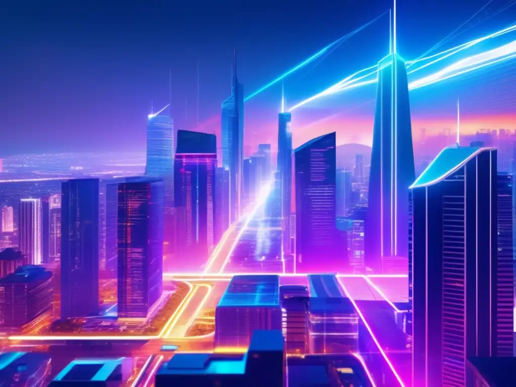 Ciudad futurista con rascacielos iluminados Ventajas de la Lightning Network en Bitcoin: Futurista ciudad con rascacielos iluminados, transacciones rápidas y bajas comisiones