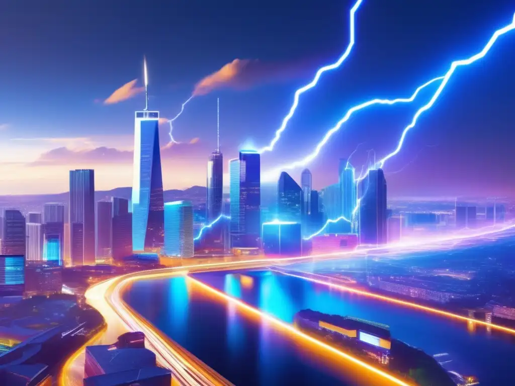 Ciudad futurista iluminada con tecnología Lightning Network Ventajas de Lightning Network en Bitcoin: Futurista ciudad iluminada simbolizando rapidez de transacciones