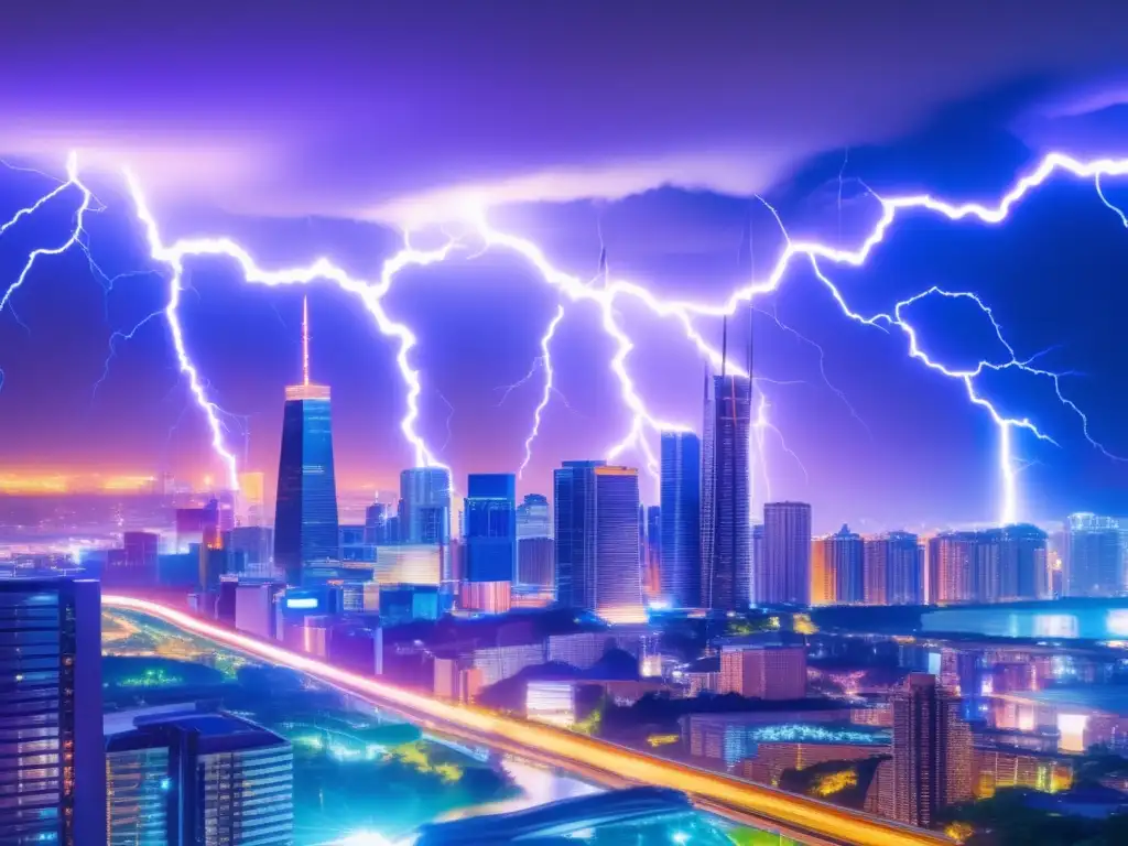 Ciudad futurista iluminada por rayos interconectados, simbolizando la rapidez y eficiencia de las transacciones de Bitcoin con Lightning Network Ventajas de la Lightning Network en Bitcoin