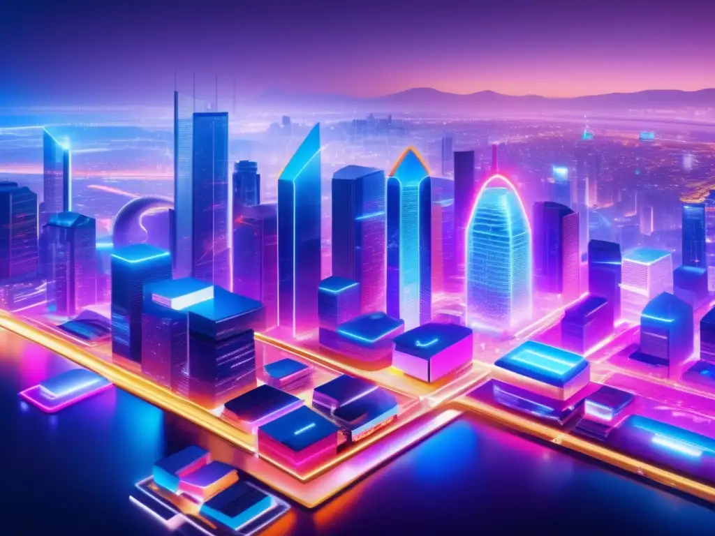 Ciudad futurista blockchain Ventajas de blockchain en inversiones en una ciudad futurista con edificios modernos, transacciones digitales y eficiencia