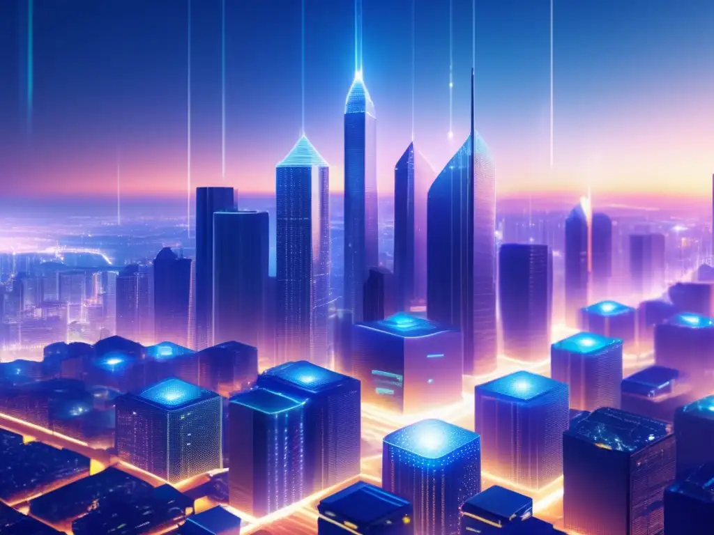 Ciudad futurista con rascacielos de nodos blockchain Ventajas de blockchain en inversiones: ciudad futurista con rascacielos de nodos interconectados, simbolizando transparencia, eficiencia y confianza