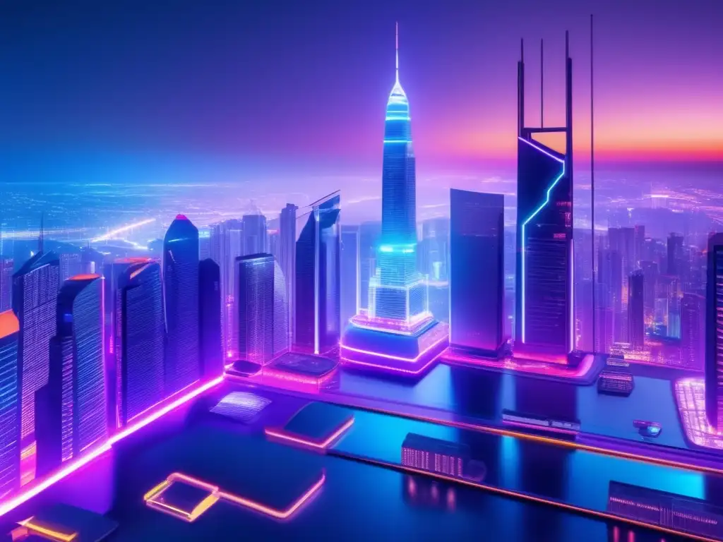 Futurista ciudad nocturna con roboadvisor Ventajas de invertir con Roboadvisors: Ciudad futurista nocturna con rascacielos iluminados por luces de neón, tecnología y diseño amigable