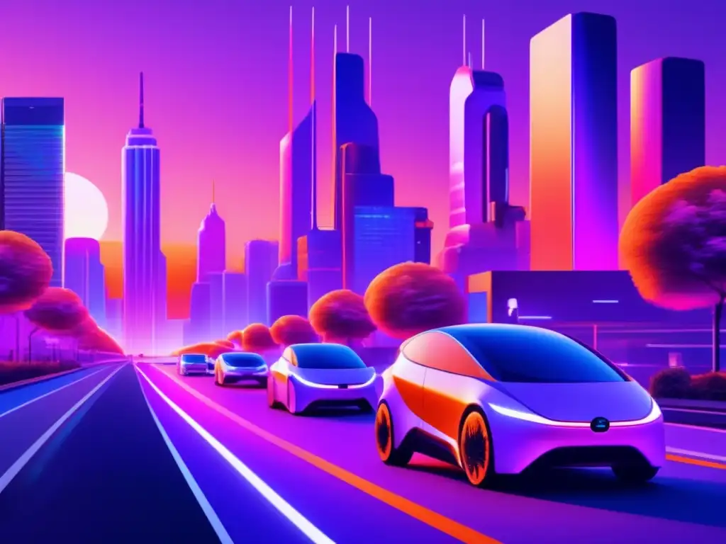 Ciudad futurista con vehículos eléctricos y moderna infraestructura Ventajas: Ciudad futurista con vehículos eléctricos, infraestructura de carga y vida urbana sostenible