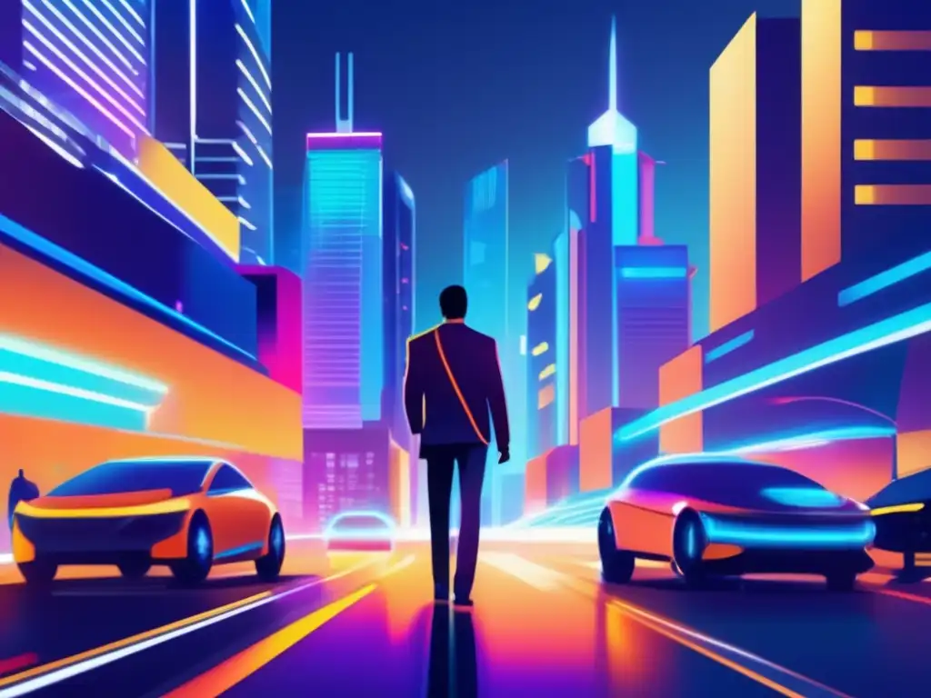 Ciudad moderna iluminada, roboadvisor futurista Ventajas Roboadvisors: Ciudad moderna iluminada por luces brillantes, rascacielos y un roboadvisor futurista, símbolo de inversión 24/7