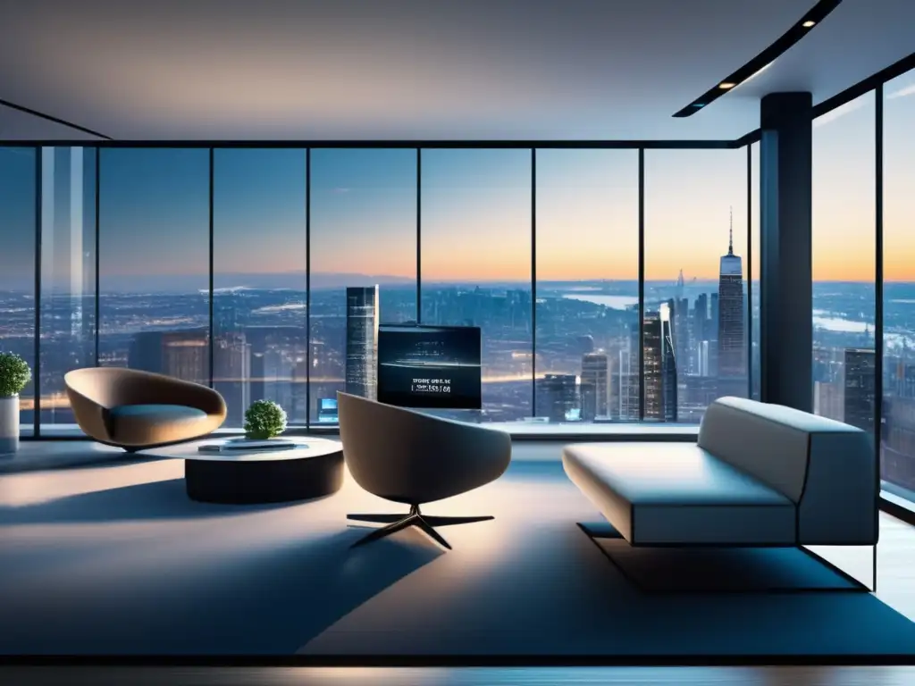 Oficina moderna con vista a la ciudad Ventajas de invertir en Hedge Funds durante una crisis: moderna oficina con vista panorámica, mobiliario minimalista y tecnología de vanguardia