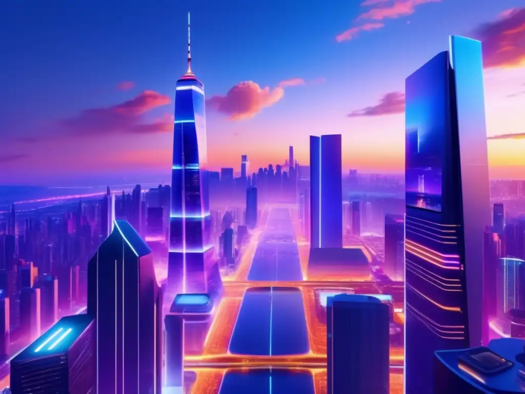 Ciudad futurista con rascacielos y tecnología avanzada Ventajas del crowdlending en finanzas: Futurista ciudad nocturna, rascacielos brillantes, multitud diversa, progreso financiero