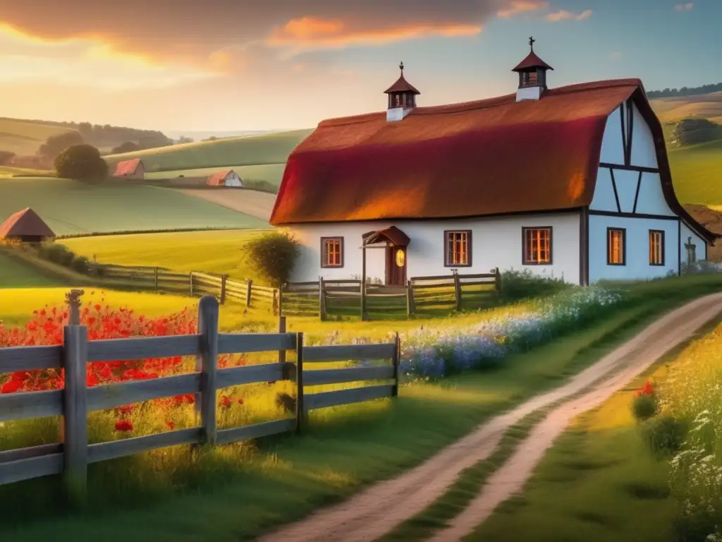 Paisaje rural con granja encantadora Ventajas y desafíos del flipping rural: Imagen 8k detallada muestra paisaje rural pintoresco, con granja encantadora, colinas verdes y flores salvajes