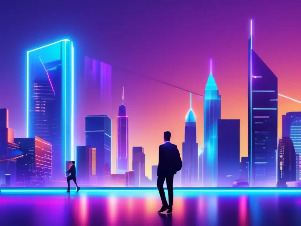 Futuro de la inversión automatizada Ventajas y desventajas de los bots de inversión personalizados en una ciudad futurista con tecnología avanzada y figuras contrastantes