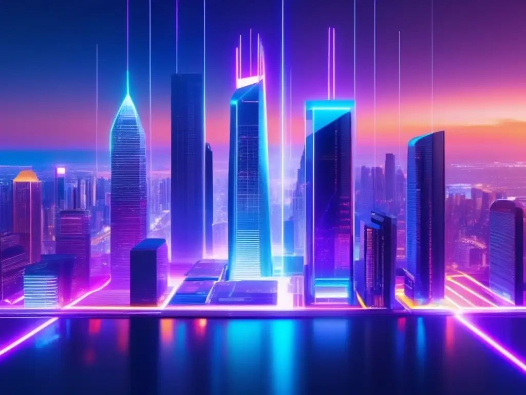 Arquitectura futurista de intercambios descentralizados y centralizados Ventajas y desventajas exchanges descentralizados en paisaje futurista con rascacielos, luces neón y arquitectura contrastante