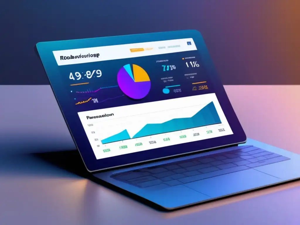 Interfaz futurista de roboadvisor Ventajas y desventajas de roboadvisors: Interfaz futurista de tecnología financiera con gráficos vibrantes y dashboard minimalista