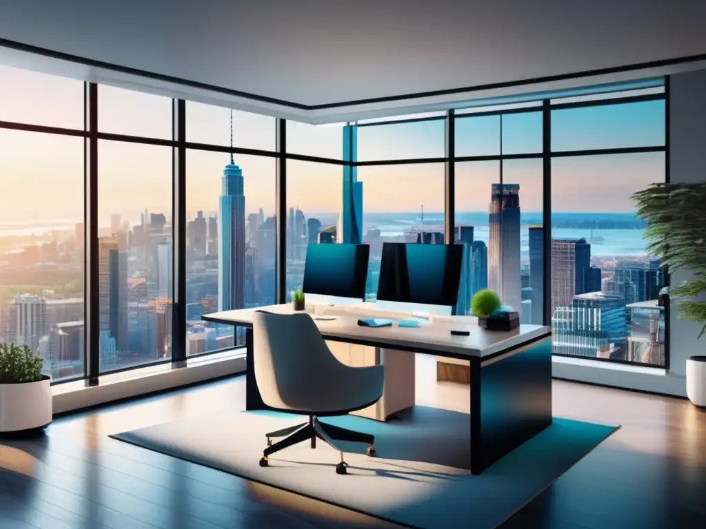 Oficina moderna con vista a la ciudad Ventajas y desventajas de inversiones automatizadas en una oficina moderna con vista a la ciudad