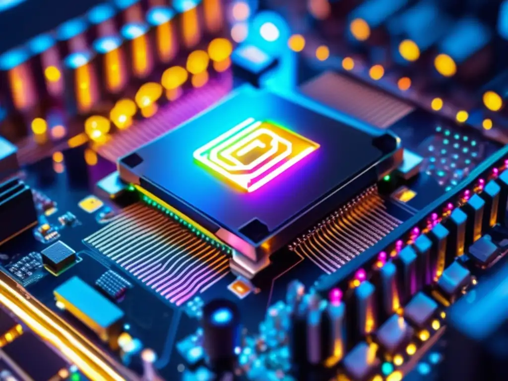 Motherboard de criptomonedas avanzada Ventajas y desventajas de la minería de criptomonedas en una placa madre de computadora moderna, con circuitos y luces LED coloridas
