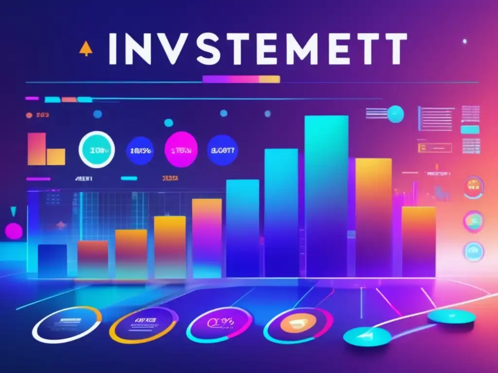 Interfaz digital futurista con gráficos de inversión y colores vibrantes Ventajas de los roboadvisors en la era digital: gráficos e interfaz futurista con datos de mercado y estrategias de inversión sugeridas