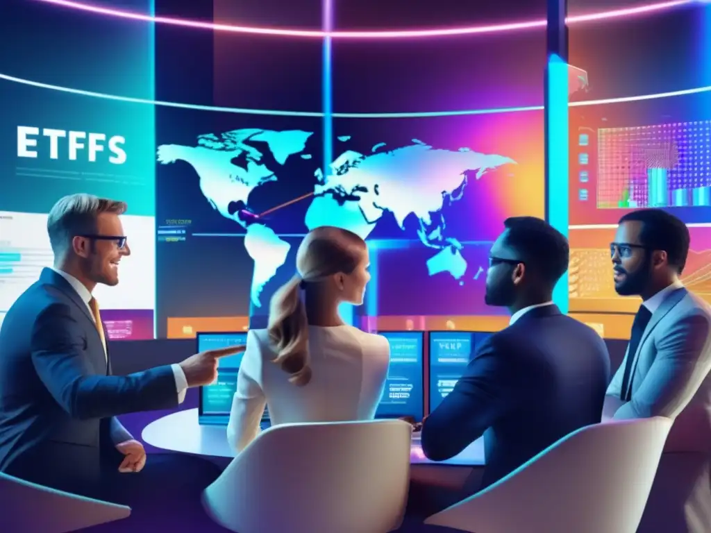 Inversores analizando ETFs modernos Ventajas de invertir en ETFs para diversificación: grupo diverso de inversores analizando gráficos holográficos