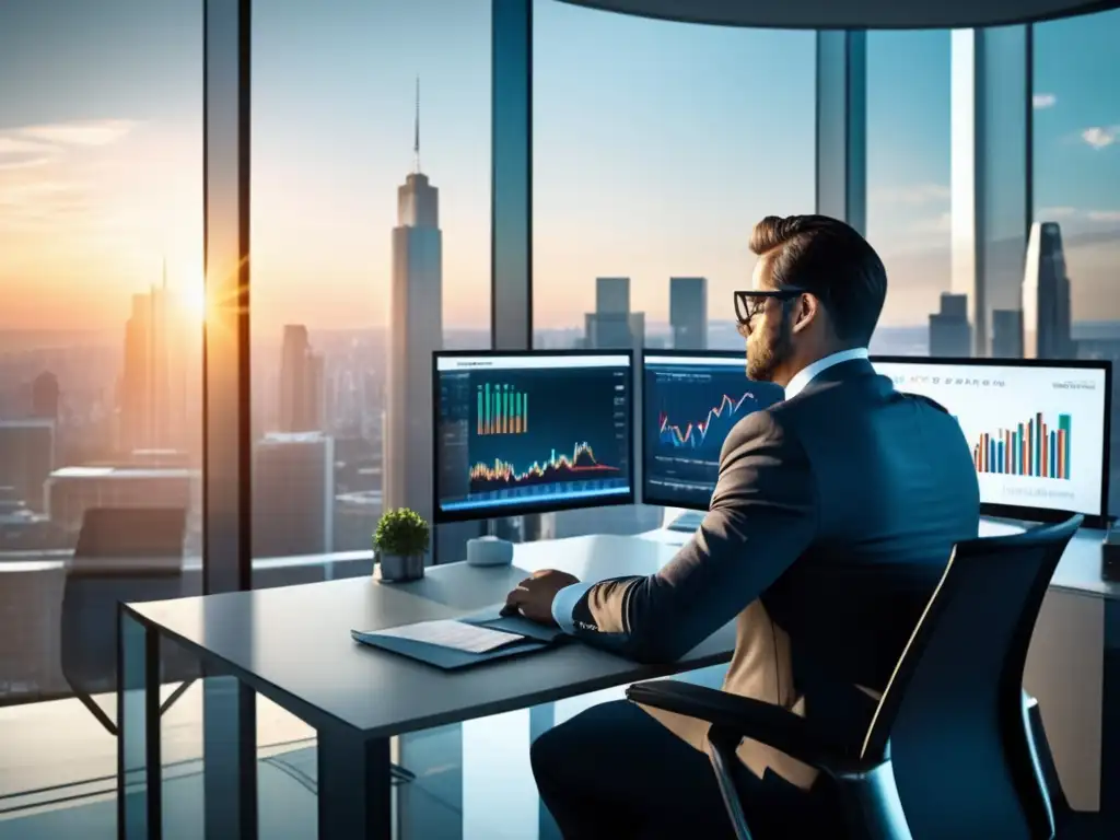 Oficina moderna con vista a la ciudad Ventajas de invertir en ETFs en una oficina moderna con vista panorámica y un inversor profesional analizando datos bursátiles