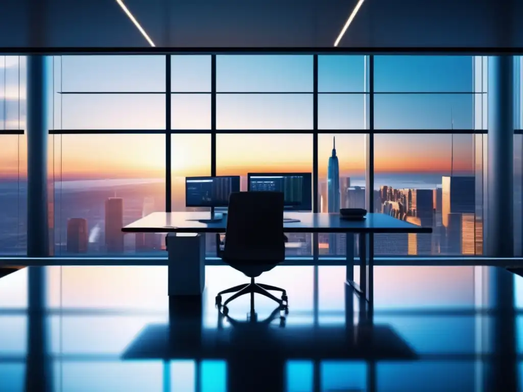 Oficina moderna con vista panorámica de distrito financiero Ventajas invertir en ETFs: Oficina moderna y dinámica