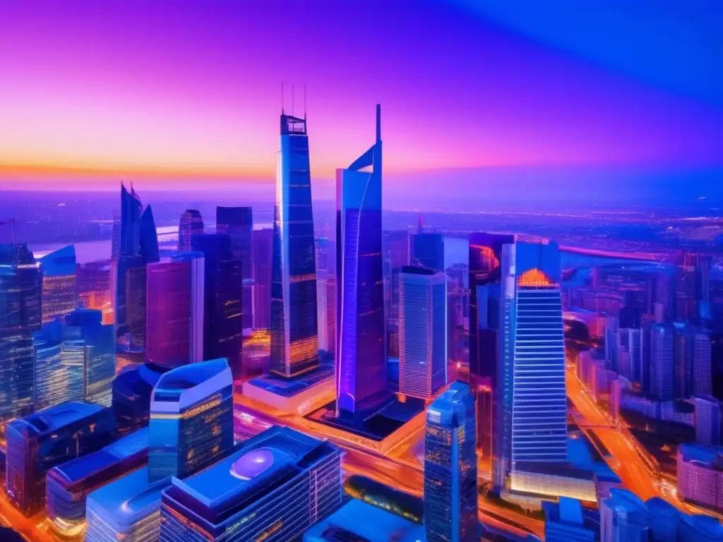 Ciudad futurista iluminada con rascacielos Ventajas de invertir en ETFs para principiantes