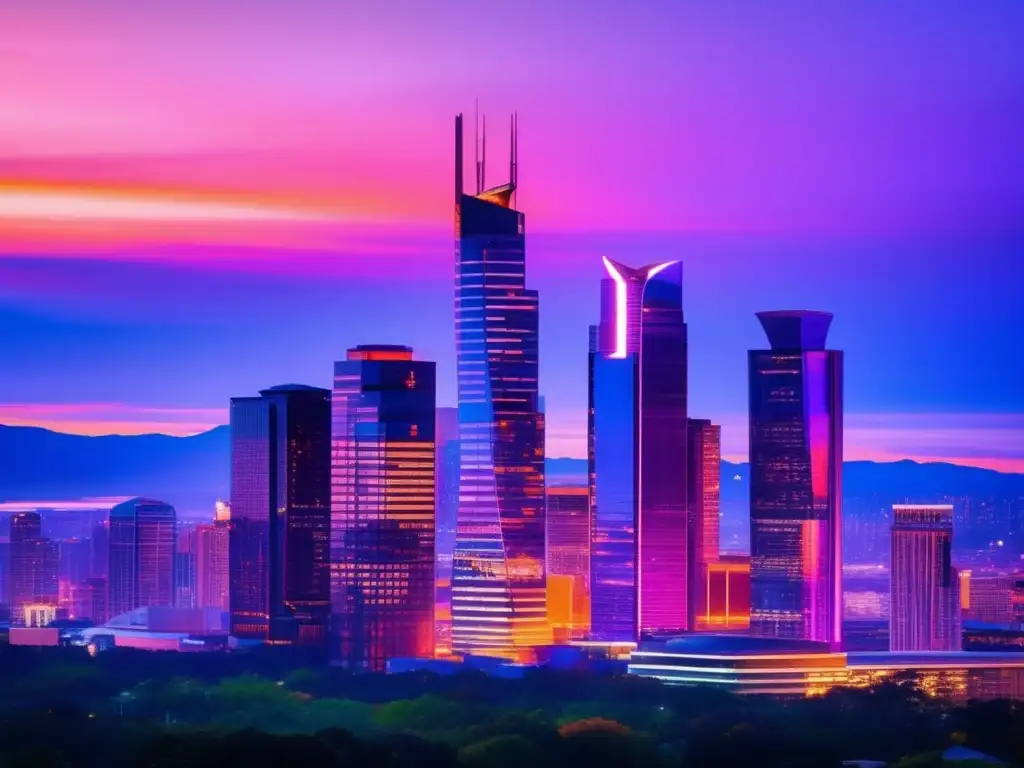Impresionante ciudad moderna con rascacielos de vidrio al atardecer Ventajas fiscales de seguros de vida: ciudad moderna al atardecer, rascacielos reflectantes y edificio de seguros futurista rodeado de vegetación