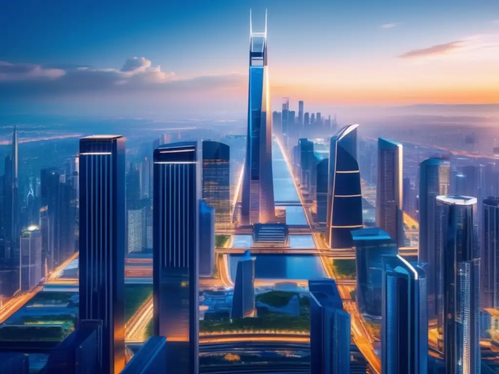 Ciudad futurista con rascacielos Ventajas de invertir en franquicias financieras: una ciudad futurista y próspera iluminada por luces brillantes