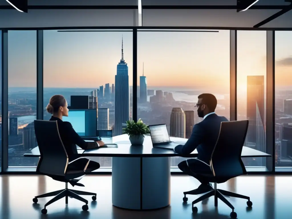 Oficina moderna con profesionales trabajando Ventajas de invertir en franquicias financieras: Oficina moderna con profesionales colaborando en un entorno profesional y exitoso