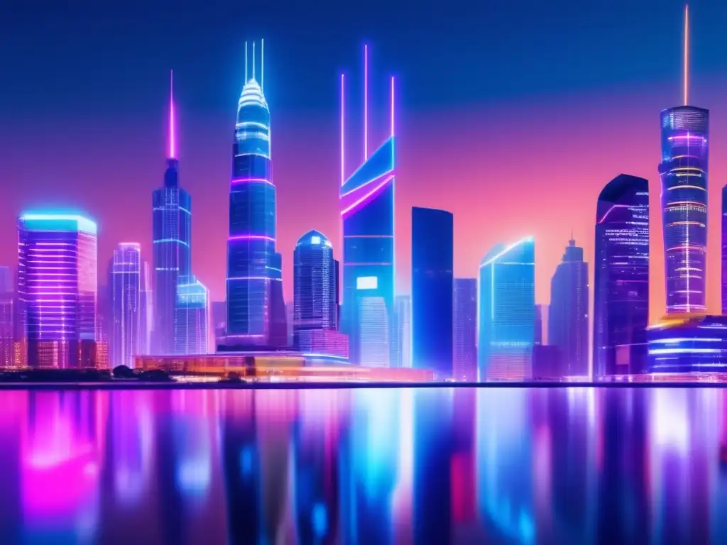 Ciudad futurista con roboadvisor Ventajas de los Roboadvisors: Futurista ciudad nocturna con rascacielos de vidrio iluminados por luces de neón vibrantes