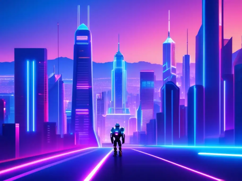 Ciudad futurista 24/7 con roboasesores Ventajas Roboadvisors: Futurista ciudad nocturna con rascacielos iluminados por luces neón, actividad constante y robot moderno